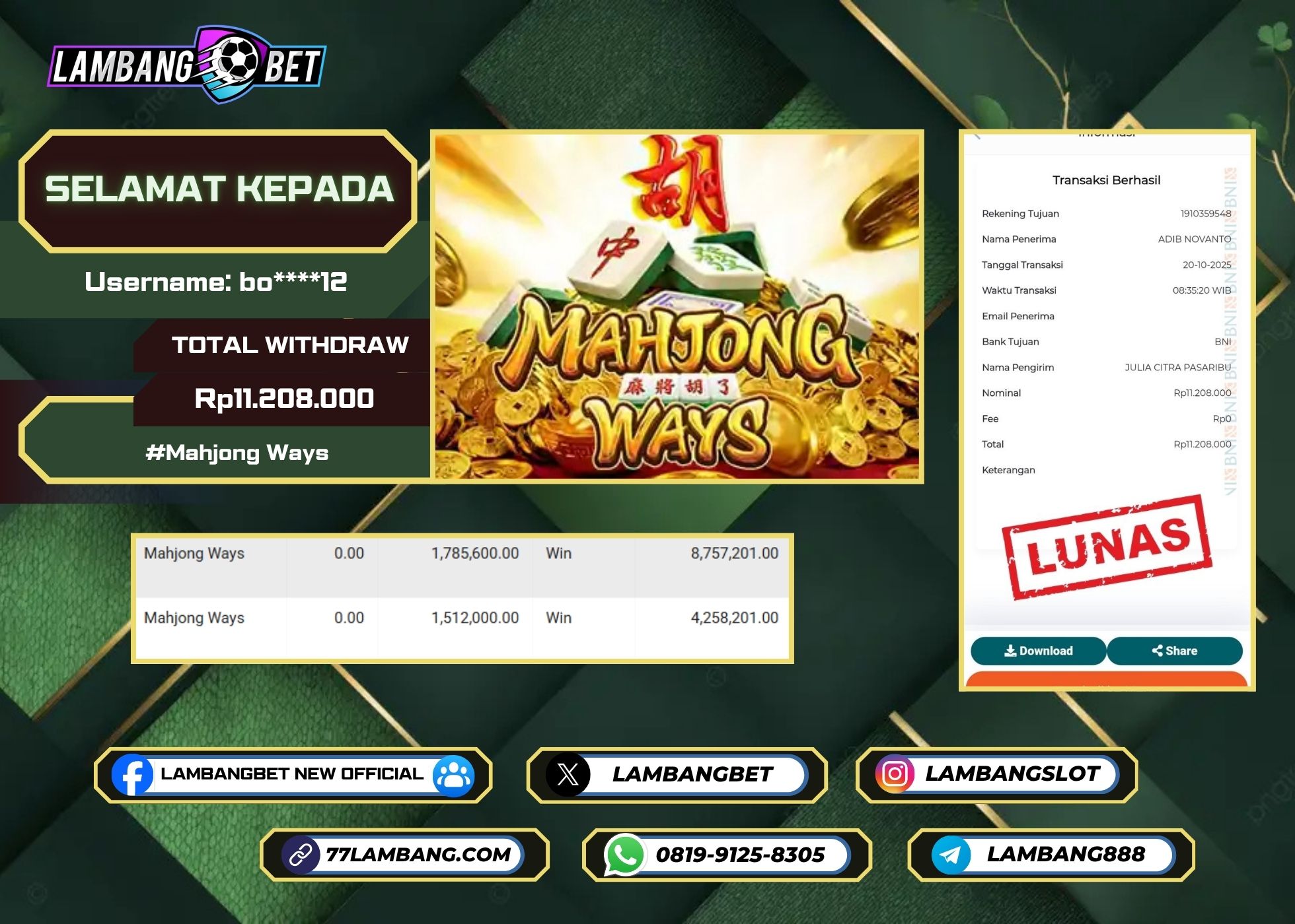LAMBANGBET [20 OKTOBER 2025] JACKPOT SLOT Mahjong Ways "Rp11.208.000" LUNAS